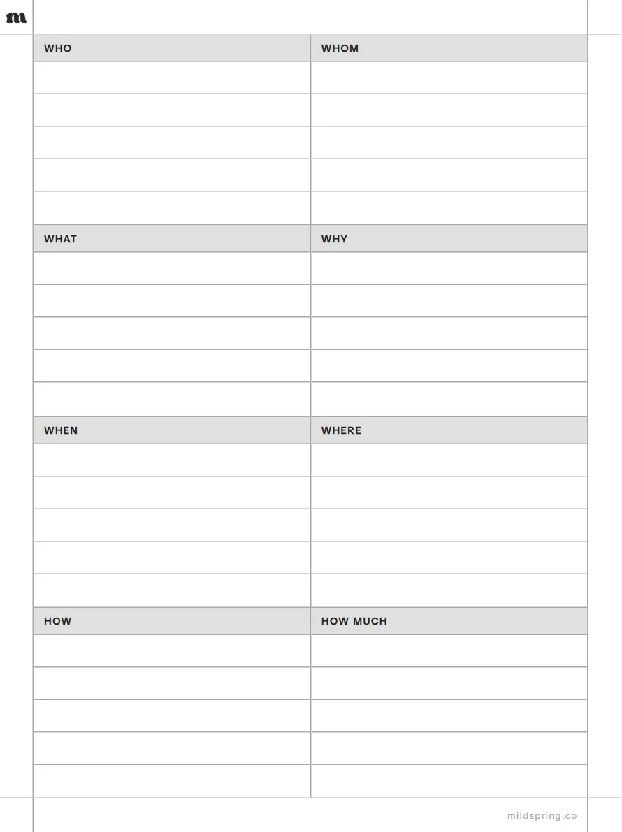 6W2H template page preview