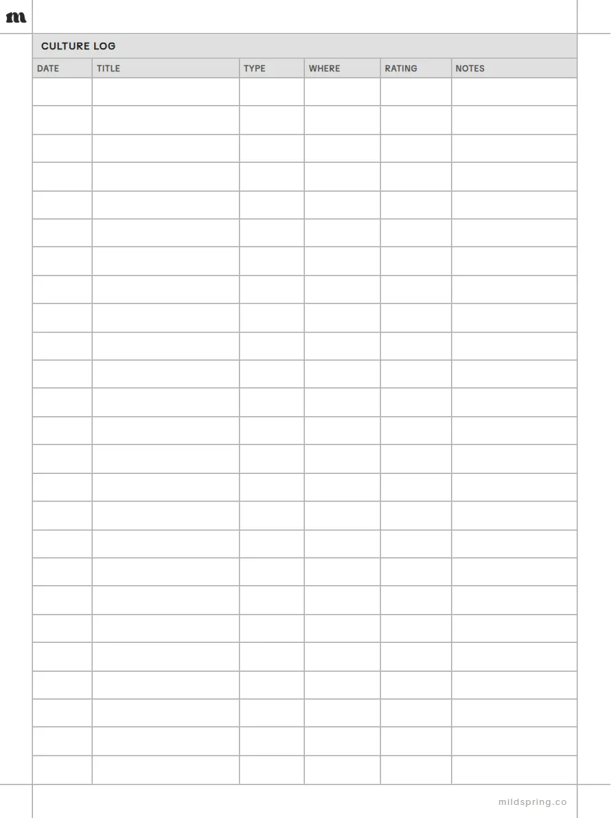 Culture Log template page preview